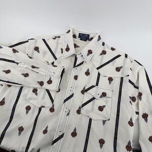 Blair Mens Large Western Shirt Cotton Southwestern Geometric Print Cream Vintage